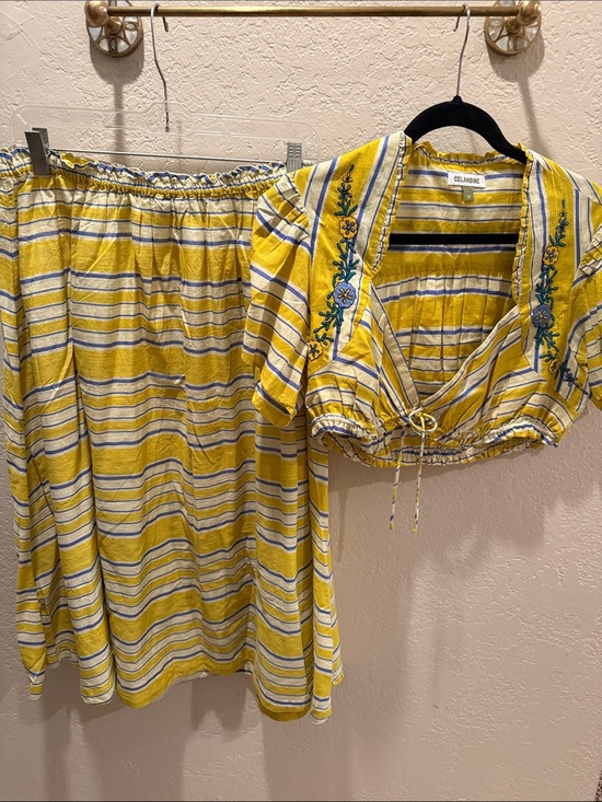 Celandine Dresses & Skirts - Celandine Anthropologie Yellow Striped Embroidered Skirt Set